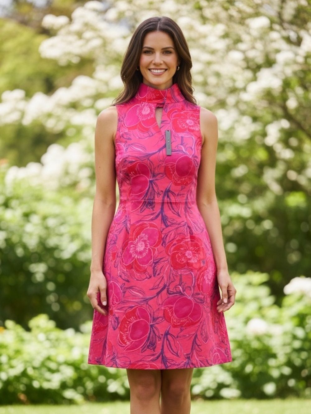 NWT Elie Tahari Pink Floral Sleeveless Dress with V-Detail